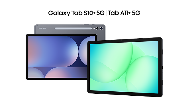 Two Samsung Galaxy tablets, Tab S10+ 5G showing front and back, and Tab A11+ 5G showing front only.