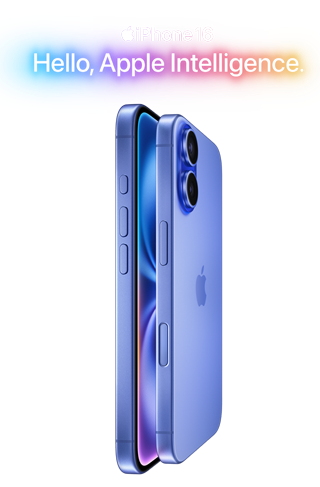 Apple iPhone 16 in Ultramarine.  Graphic says Hello, Apple Intelligence.